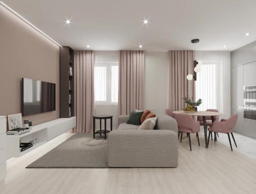 Просторная квартира. С гостиной, вмещающей обеденную зону.