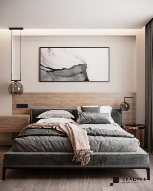 Спальня выдержана в приглушенных серо - бежевых тонах - никаких ярких кричащих деталей.