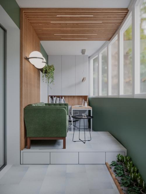 Интерьер лоджии оформлен в светлых нейтральных тонах. 01