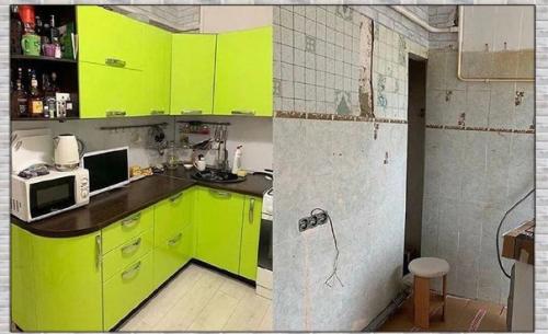 До и после ремонта кухни.