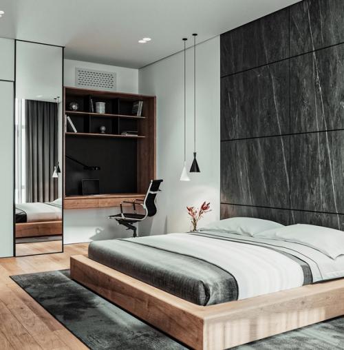 Интерьер спальни. В зелёных оттенках. 01