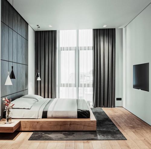 Интерьер спальни. В зелёных оттенках.