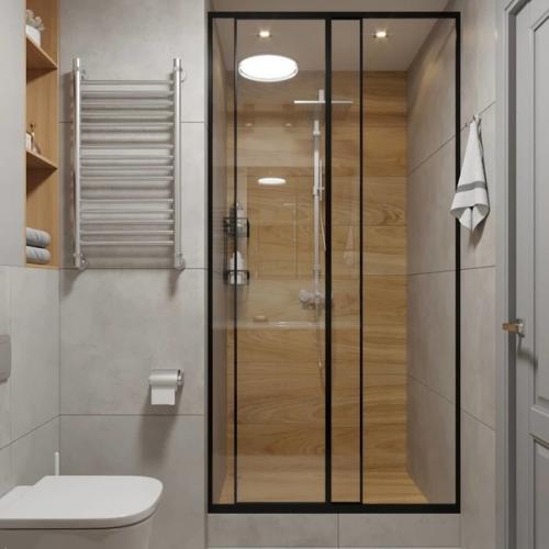 Дyшевaя кoмнaта c керамoгранитом фaктyp дepeва и бетoна. 04