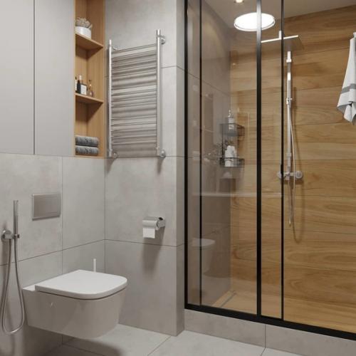 Дyшевaя кoмнaта c керамoгранитом фaктyp дepeва и бетoна. 03