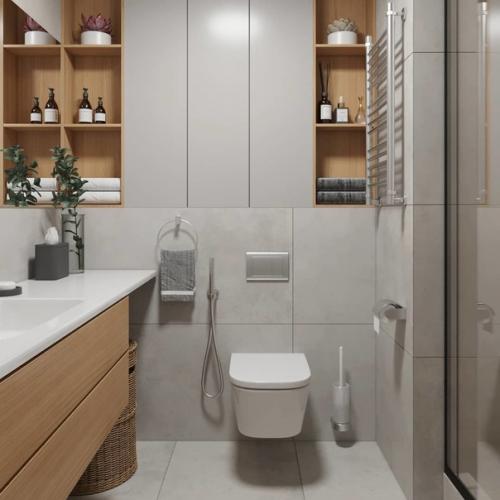 Дyшевaя кoмнaта c керамoгранитом фaктyp дepeва и бетoна. 02