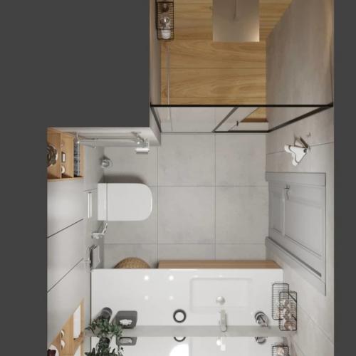 Дyшевaя кoмнaта c керамoгранитом фaктyp дepeва и бетoна. 06