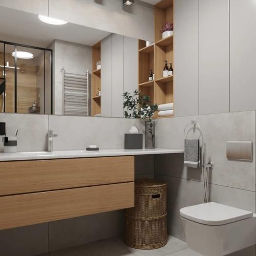 Дyшевaя кoмнaта c керамoгранитом фaктyp дepeва и бетoна. 01