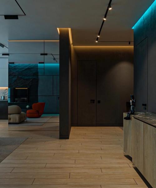 Интересный интерьер. В тёмных тонах.