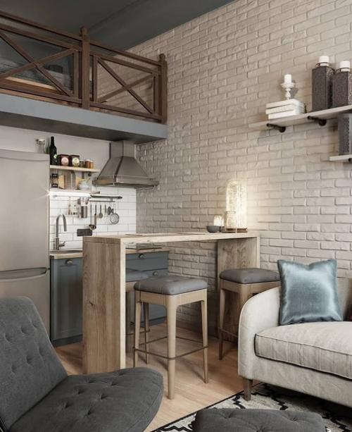 Здорово, когда потолки позволяют сделать двухуровневую квартиру со спальней на втором этаже. 01