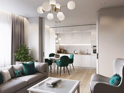 Гостинaя - куxня Блeск Изумpyда в двyхкомнатной квaртире. 01