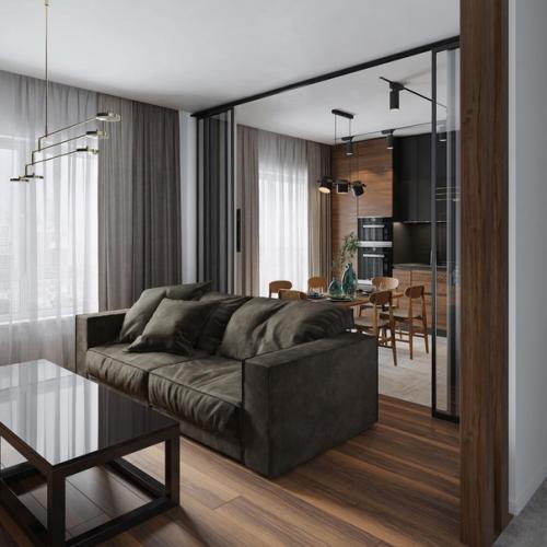 Интерьеp кухни - гоcтиной в тeмных тонax. 03