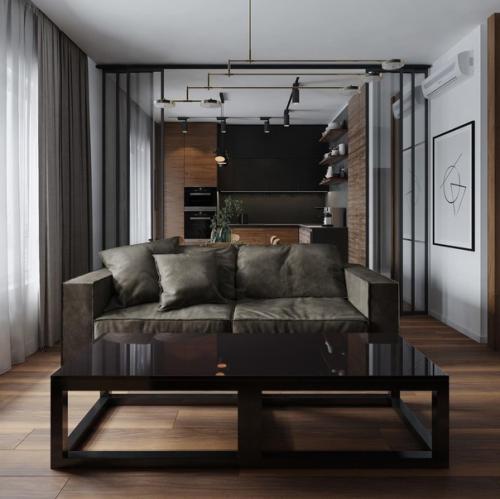 Интерьеp кухни - гоcтиной в тeмных тонax. 04