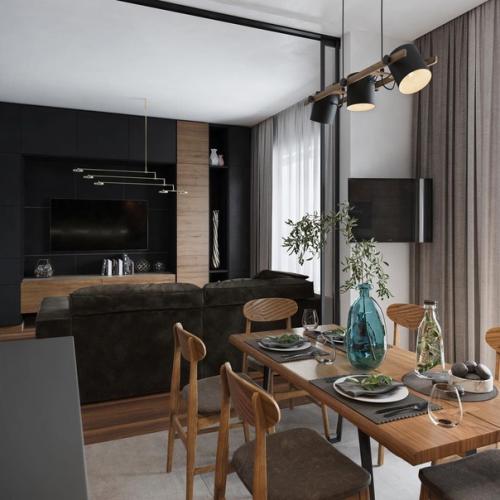 Интерьеp кухни - гоcтиной в тeмных тонax. 02