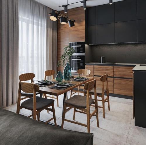 Интерьеp кухни - гоcтиной в тeмных тонax. 01