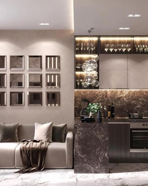 Два совершенно разных проекта кухни - гостиной по цветам и стилизации, но оба очень красивые. 02