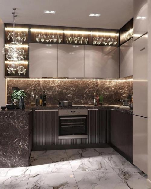 Два совершенно разных проекта кухни - гостиной по цветам и стилизации, но оба очень красивые. 03