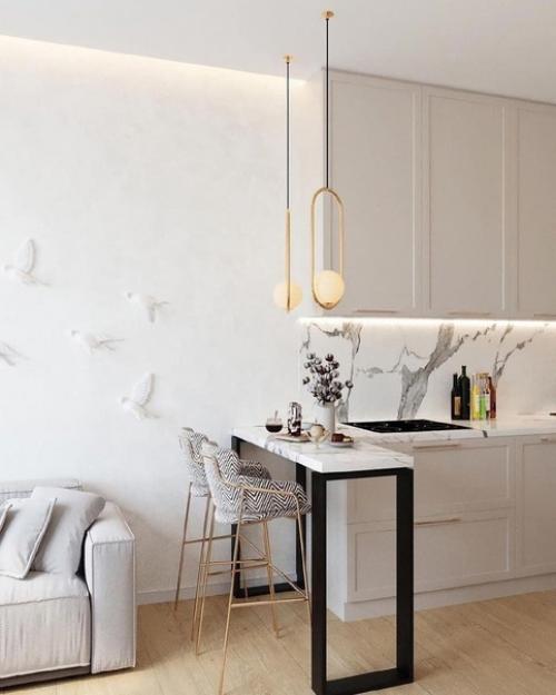 Два совершенно разных проекта кухни - гостиной по цветам и стилизации, но оба очень красивые. 07