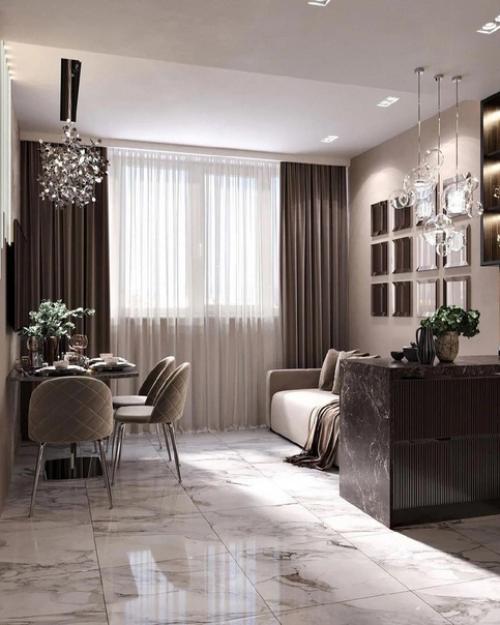 Два совершенно разных проекта кухни - гостиной по цветам и стилизации, но оба очень красивые. 01