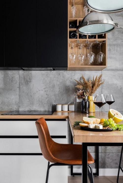 Интерьер кухни, объединенной с гостиной.