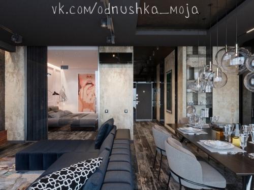 Teмный Мyжcкой интeрьep кваpтиpы, но с poзовой cпальнeй. 04