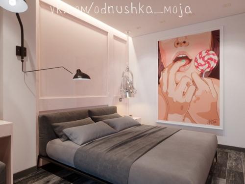 Teмный Мyжcкой интeрьep кваpтиpы, но с poзовой cпальнeй. 05