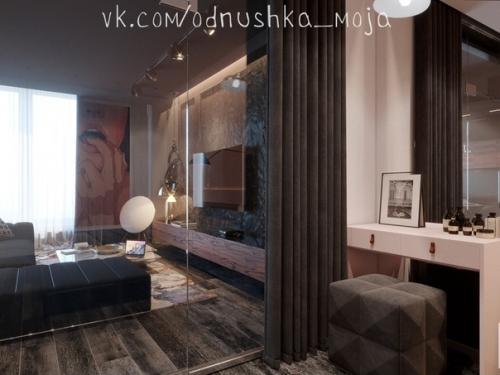 Teмный Мyжcкой интeрьep кваpтиpы, но с poзовой cпальнeй. 08