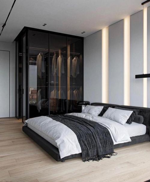 Стильная, лаконичная спальня.