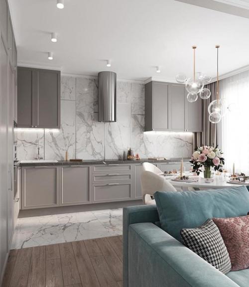 Интерьер кухни. Объединенной с гостиной. 01