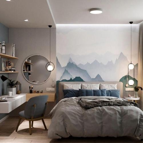 Красивый проект спальни, планируется ручная роспись стен и обязательным условием ремонта был небольшой кабинет в спальне.