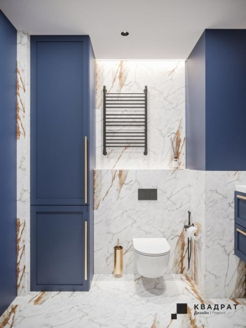 Дизайн санузла. В интерьере преобладает керамогранит в текстуре мрамора, на контрасте с ним играет оттенок синего. 03