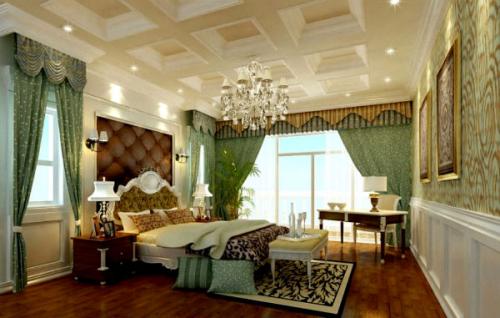 Спальня с зелеными шторами. Позитивные и свежие зеленые шторы в спальне. Фото