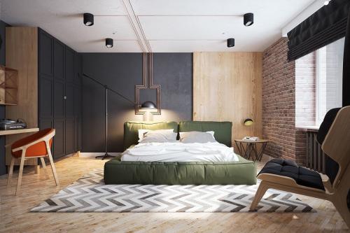 Сочетание дерева и кирпича в интерьере. Отделка стен кирпичом в спальне