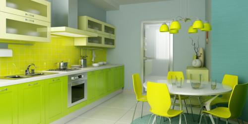 Дизайн кухни в зеленом цвете. Светлые оттенки, зелёный ультрамарин и неон