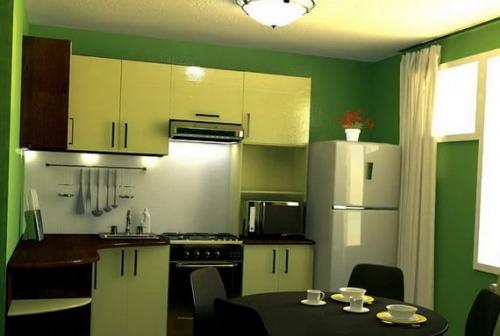 Дизайн кухни в зеленом цвете 8 кв. Планировка