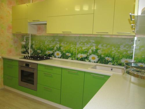 Белая кухня с зеленым фартуком. Где рекомендовано использовать цвет