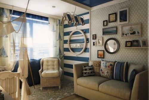 Обои в морском стиле. Дизайн гостиной