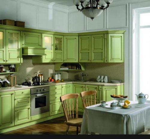 Дизайн кухни в салатовых тонах. Кухонная мебель салатового цвета
