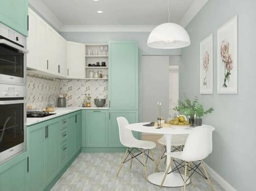 Различные оригинальные варианты дизайна зеленой кухни. О плюсах и минусах зелёной кухни 07