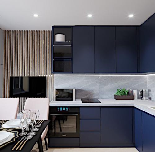 Сине-зеленый… очень необычный цвет для кухни. 109 модных интерьеров кухни в синих тонах